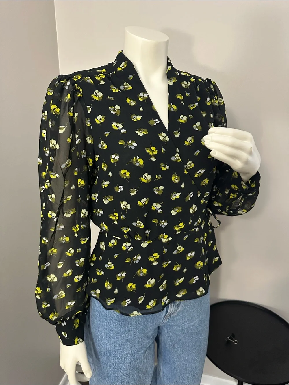 Banana Republic Black Sheer Floral Blouse with Yellow Accent